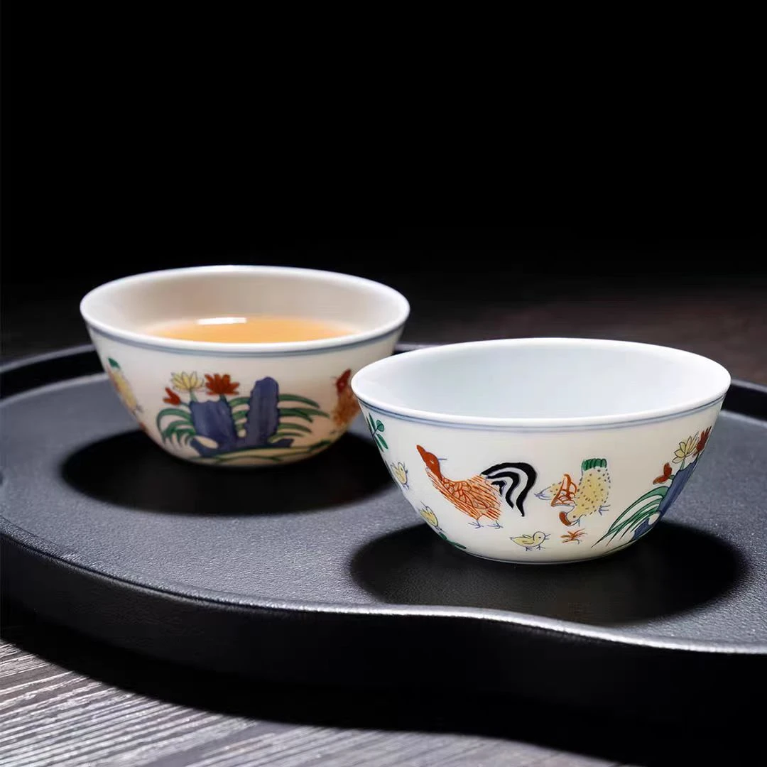 景德里大号斗彩鸡缸杯复古茶杯中式白瓷品茗杯景德镇陶瓷家用茶具