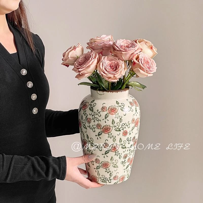 美式创意田园风手绘玫瑰冰裂陶瓷花瓶摆件复古水养插花装饰品花器