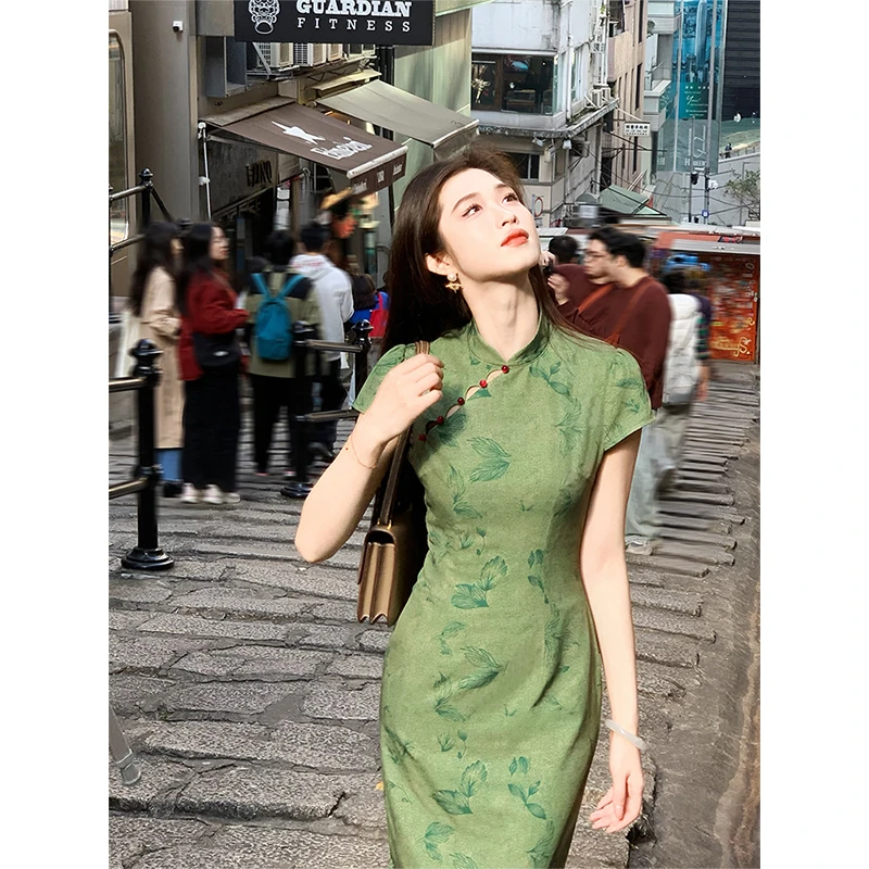 凌茜【丹青】新中式氛围感印花镂空收腰立领月亮袖长款旗袍连衣裙