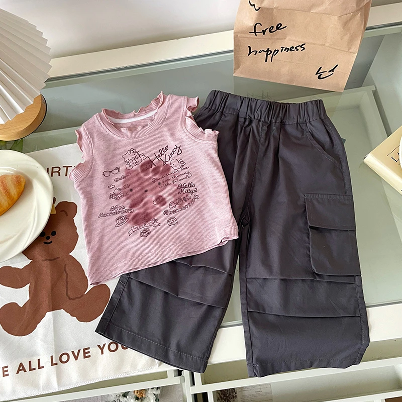 【现货】DZ25012夏季新款儿童套装女童短袖工装裤两件套女宝夏装