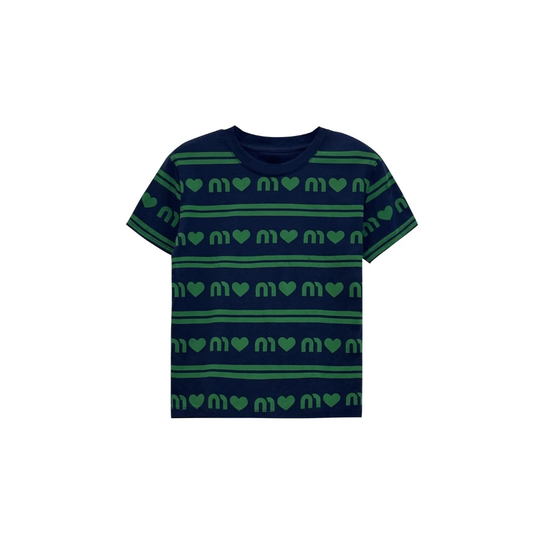 姨姨【绿条mm】新款时尚爱心字母满印条纹短袖T恤女