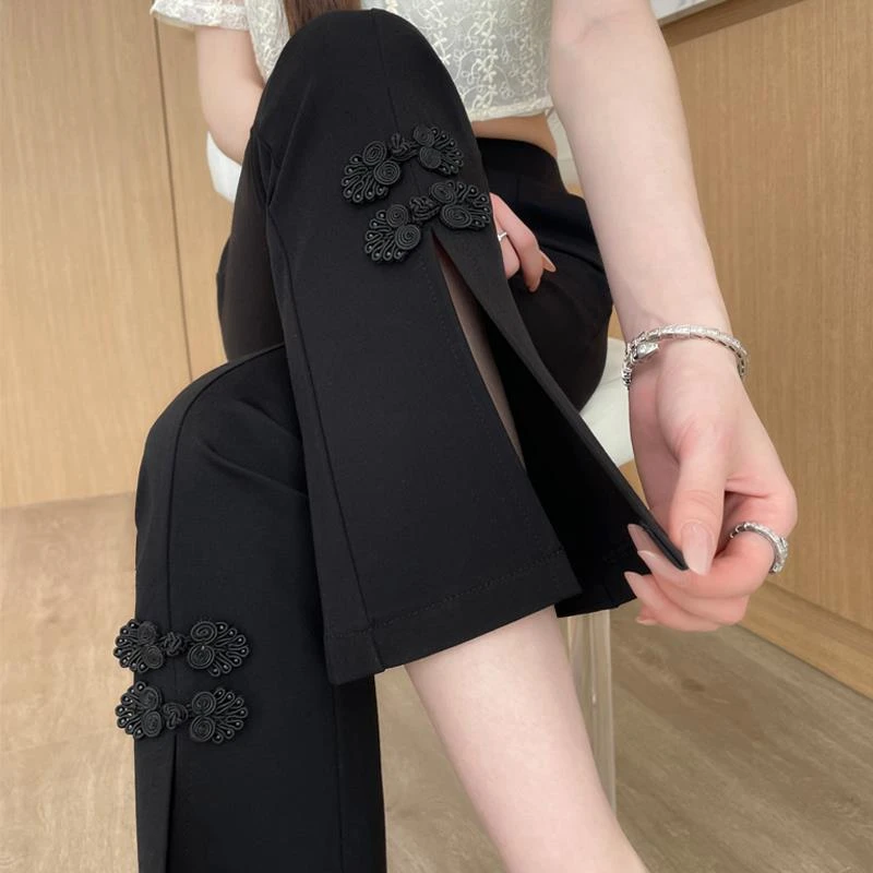 新中式国风微喇裤女春夏季薄款盘扣裤子小个子九分窄版喇叭裤子夏