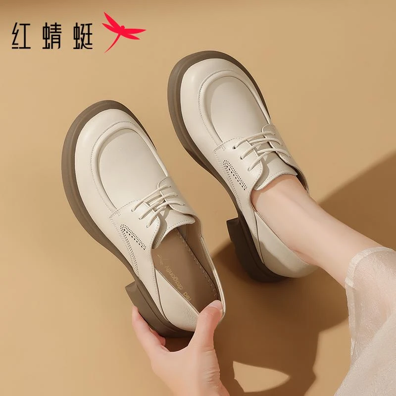 红蜻蜓女鞋2025秋季新款牛皮软底休闲百搭皮鞋两穿增高乐福鞋女款