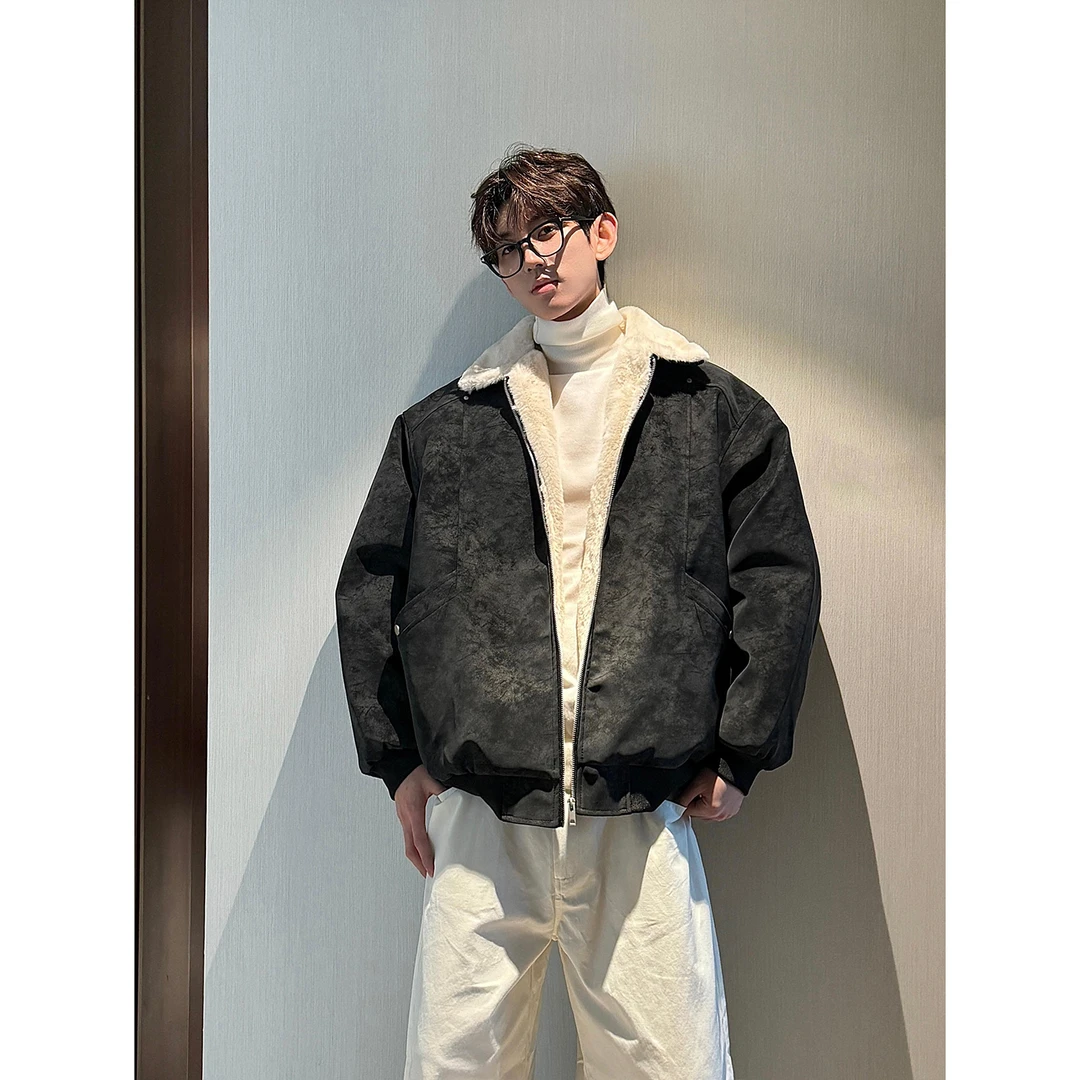 冬季美拉德羊羔毛PU皮棉服外套男潮牌加绒加厚工装机车服保暖棉衣