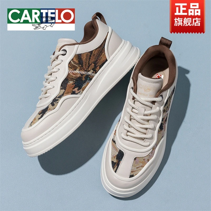 CARTELO/卡帝乐鳄鱼男士百搭休闲国风板鞋冬季刺绣增高网面鞋厚底