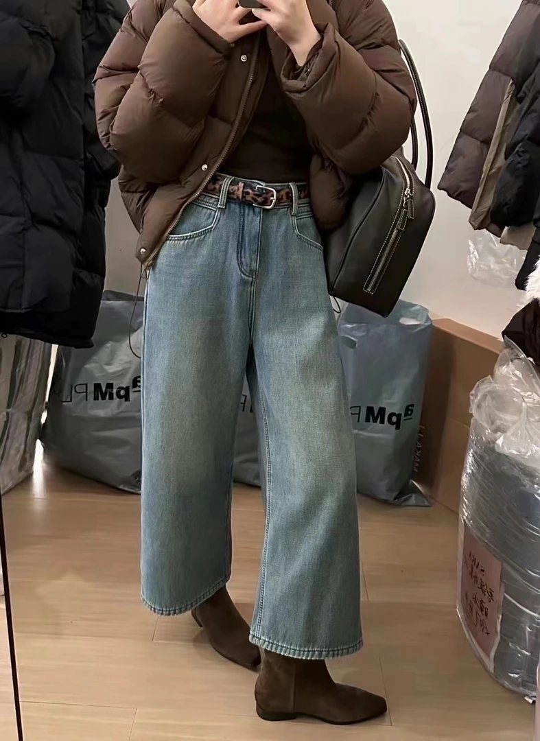 韩系高腰直筒八分裤水洗软牛仔裤女加绒加厚A版百搭阔腿裤