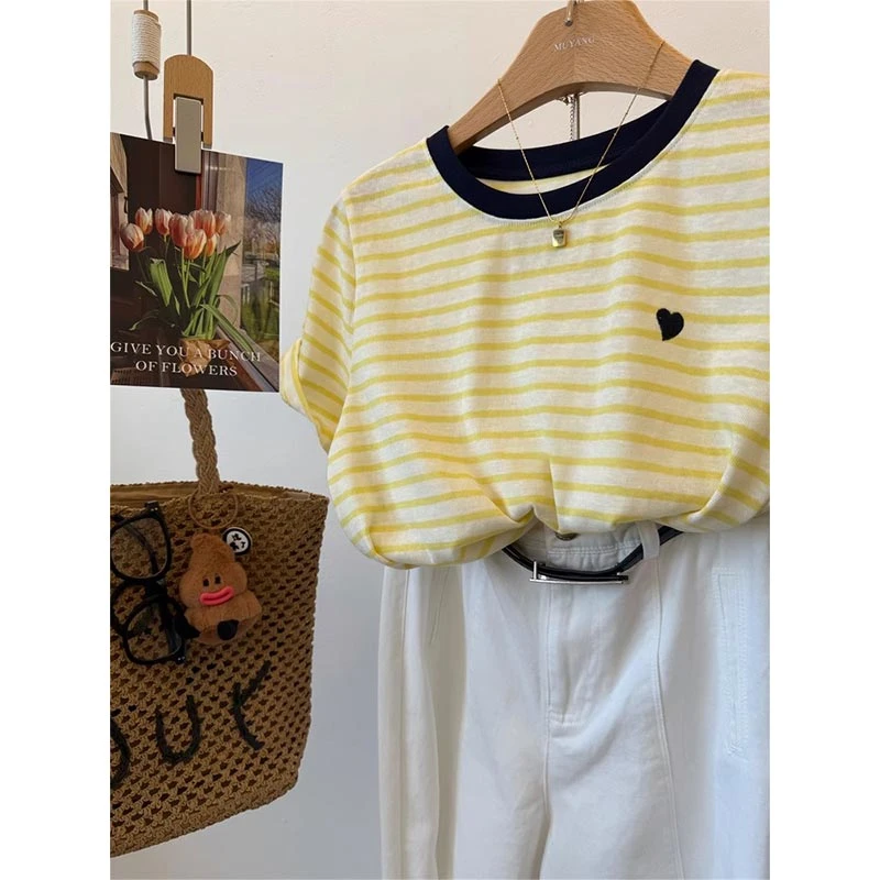 香朵儿韩系条纹小爱心撞色短袖女2025夏季新款欧若风宽松休闲上衣
