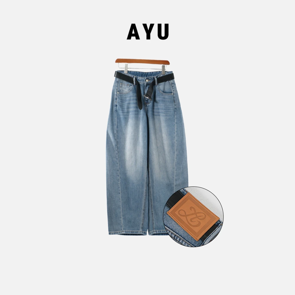 阿玉家&春季新款欧货时尚高腰显瘦直筒裤两口袋纹牛仔裤#79123