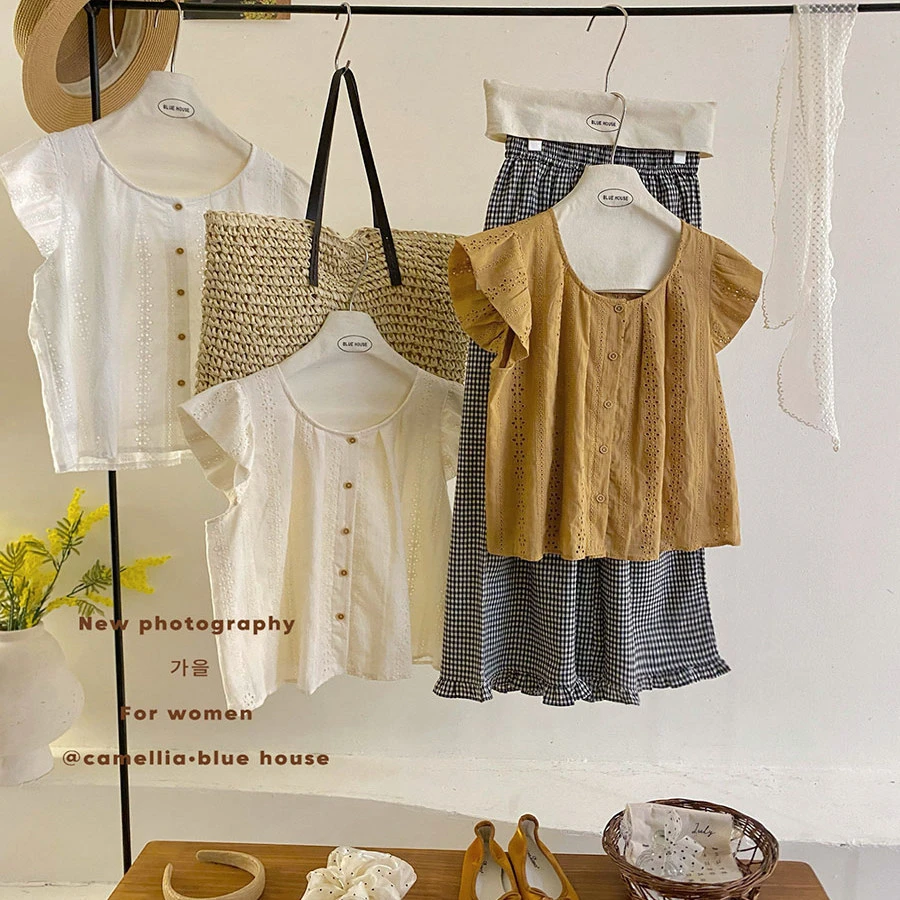 季念南瓜落日橘镂空刺绣小飞袖衬衫女短款夏宽松韩系洋气娃娃小衫