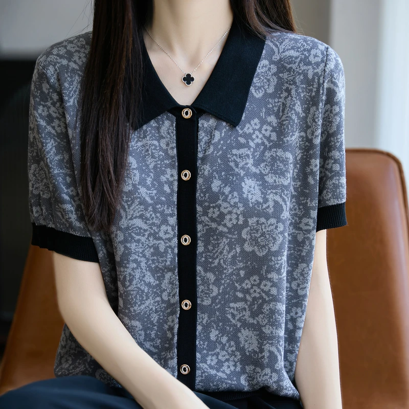 哥弟阿玛施正品女装夏季时尚薄款针织衫翻领小众复古百搭T恤洋气