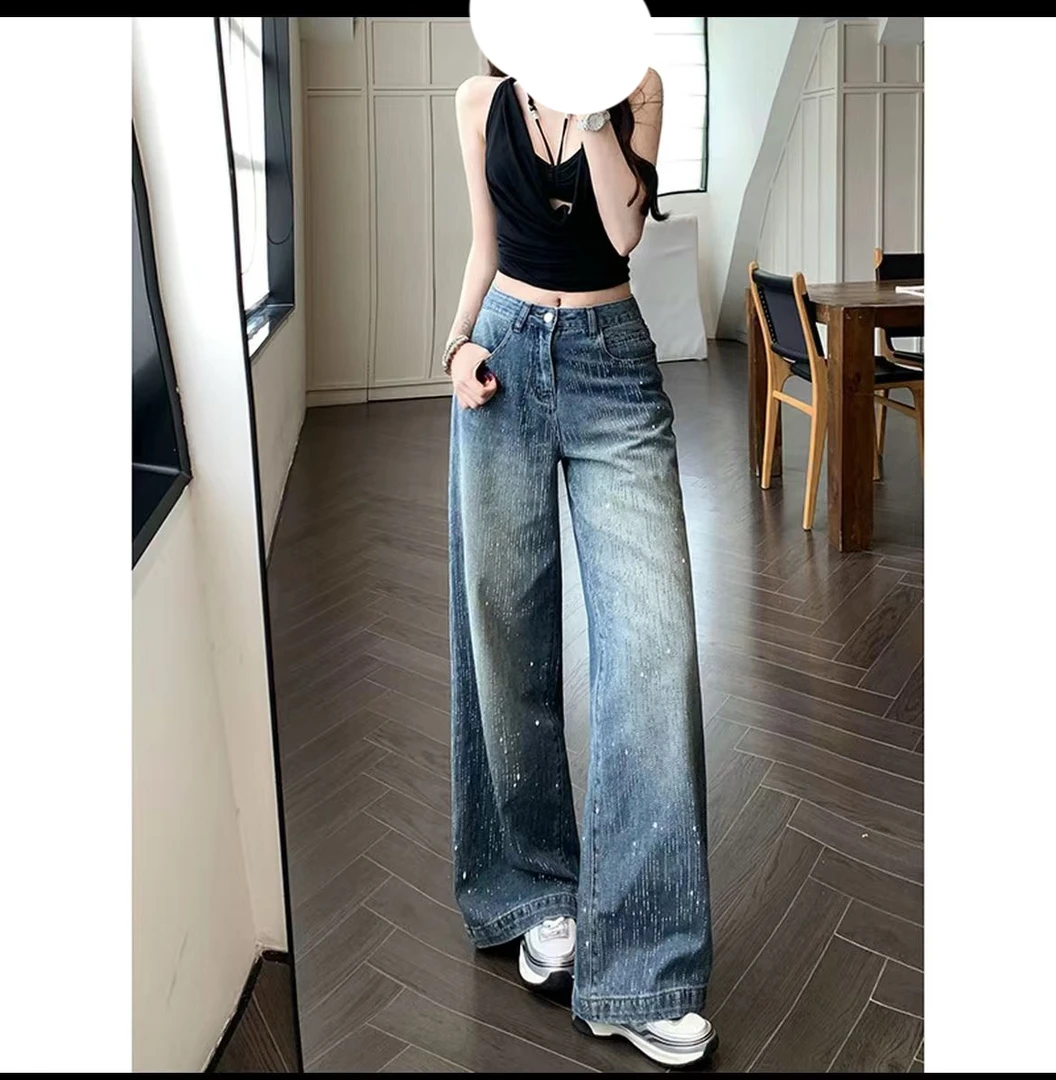 【现货运费险+加绒】流星雨烫钻牛仔裤阔腿女裤2025秋冬爆款拖地裤