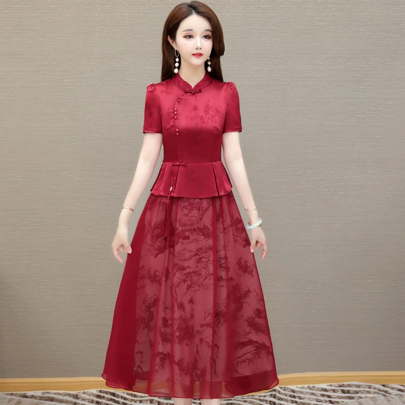 高端印花假两件短袖连衣裙女年夏季新款妈妈风婚宴礼服裙子