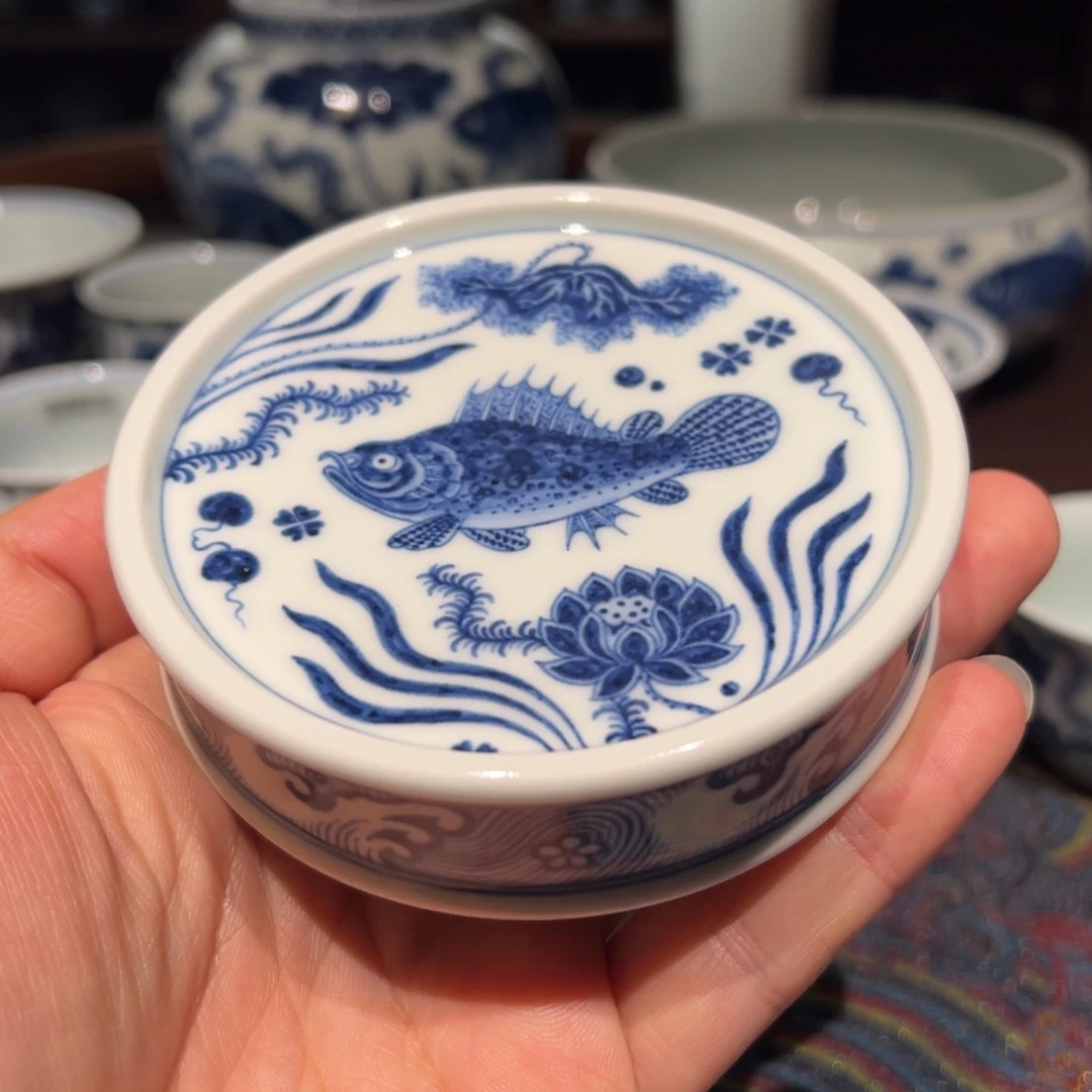 陶精品青花鱼藻纹盖置面径约8.2厘米