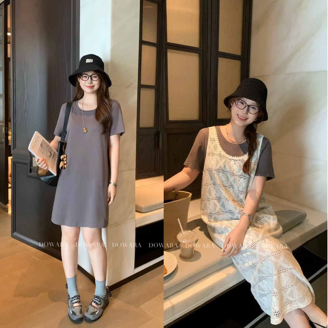 现货大婉酱微胖定制【钩花裙】叠穿吊带罩衫T恤真两件连衣裙女8552D
