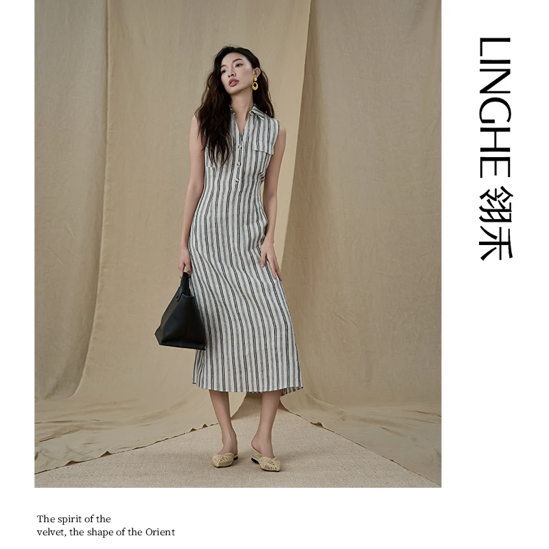 翎禾LINGHE-「竹解虚白」时尚气质显瘦夏季条纹连衣裙中长款