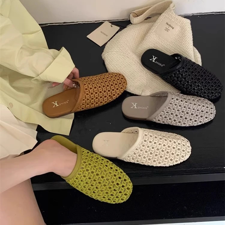 时尚外穿法式镂空透气编织包头拖鞋女2025夏季新款平底配裙子凉拖