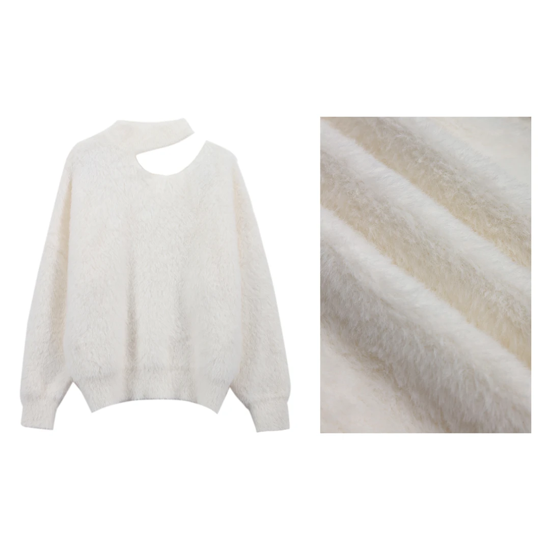 AMANLIN/阿谩琳琥珀流光不规则侧镂空露肩挂脖毛毛毛衣X603287