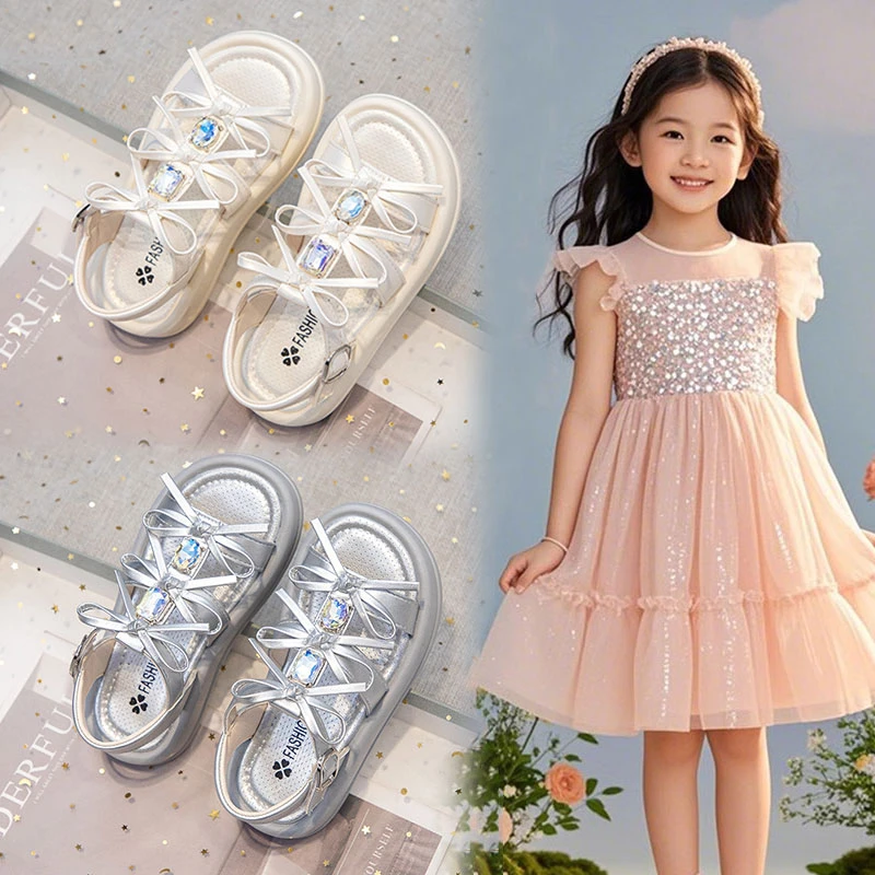 女童凉鞋洋气2025新款夏季儿童水钻蝴蝶结公主鞋小女孩沙滩罗马鞋