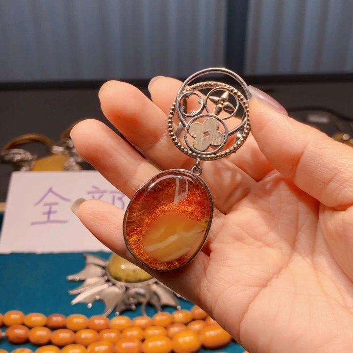 琥珀颈饰银S925镶嵌波兰设计款琥珀蜜蜡