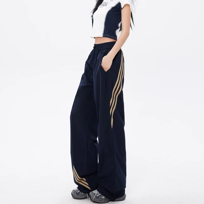 MJB 2025春季新款美式复古条纹阔腿松弛休闲裤宽松百搭抽绳冲锋裤