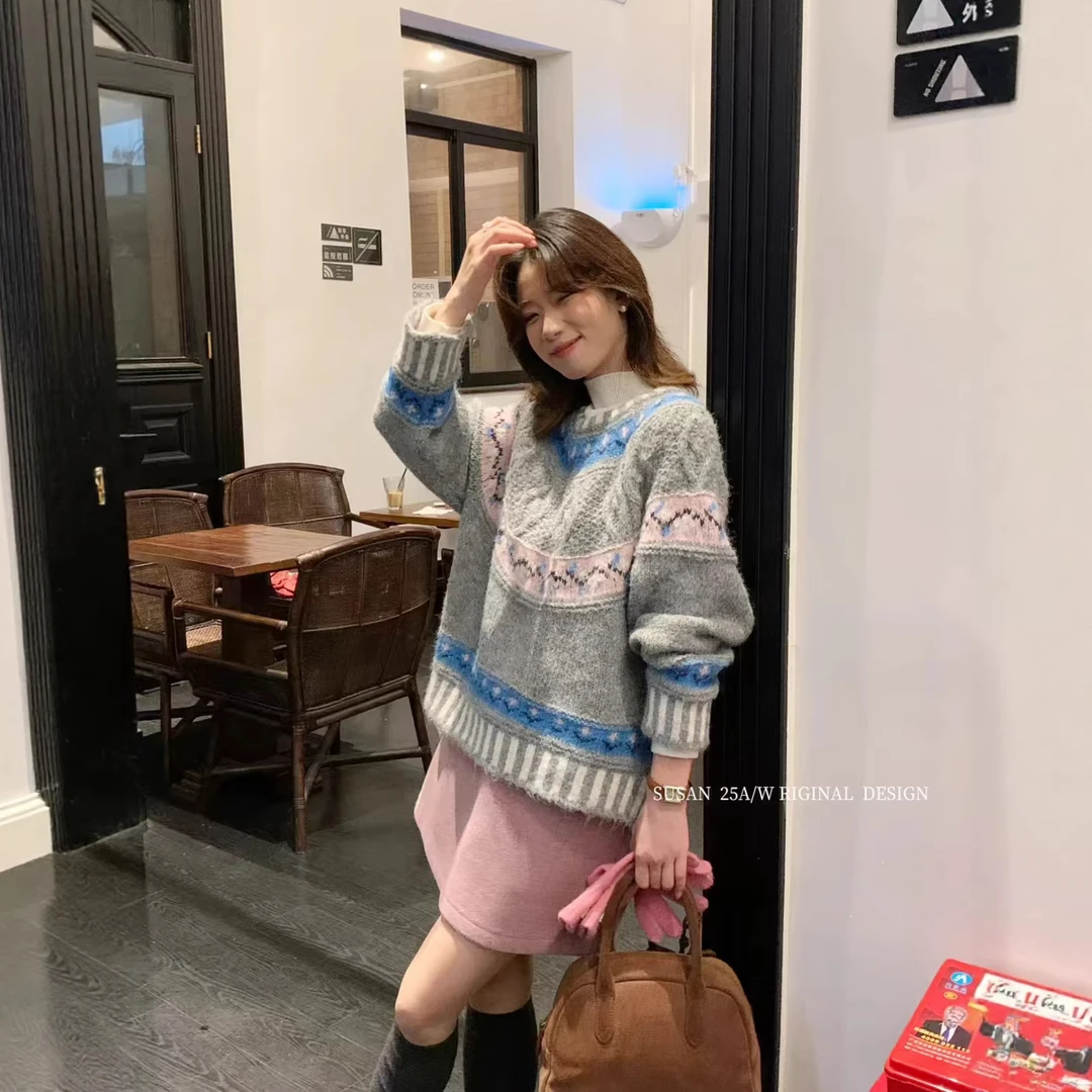 苏珊复古费尔岛针织衫女2025冬装新款洋气毛衣套头宽松上衣2332S