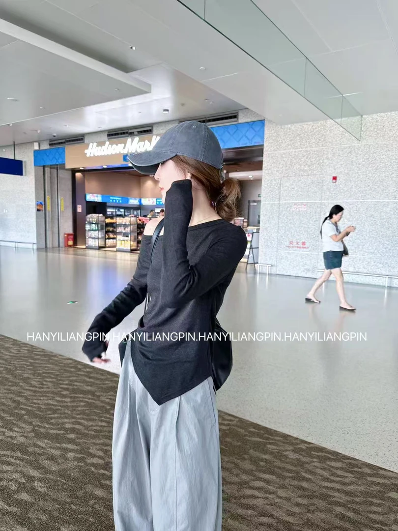 【斜肩T】显瘦不规则斜肩抽绳T恤