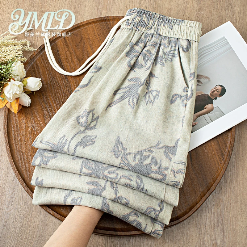 印花亚麻阔腿裤女夏季薄款2025新款爆款花裤子今年流行天丝直筒裤