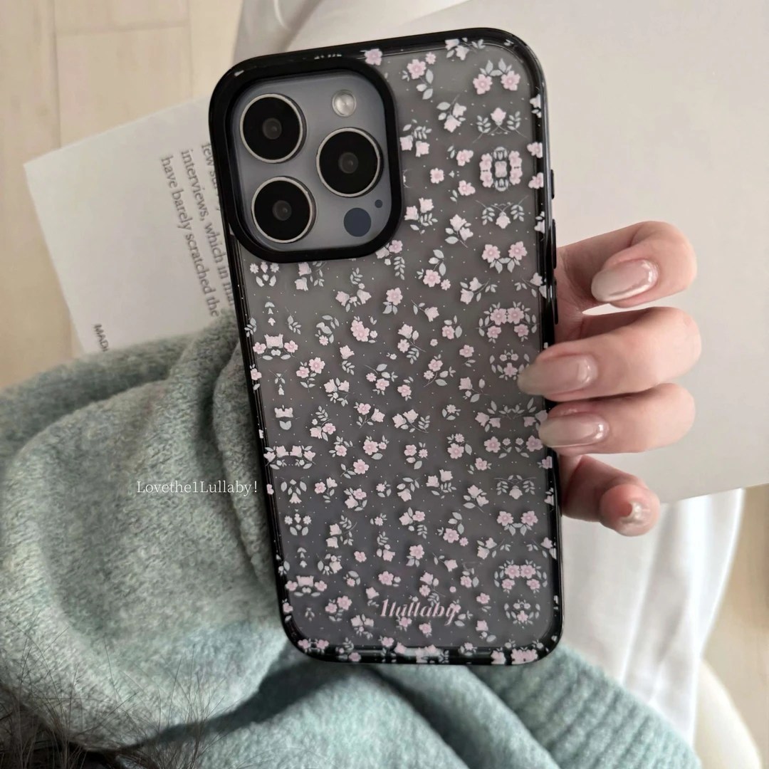 夜色晚樱碎花高级感黑框高透手机壳适用于苹果iphone16promax1514