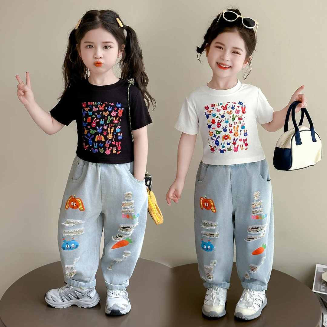 女童夏季酷飒套装2025新2儿童女孩印花短袖T恤牛仔裤薄款夏装两件