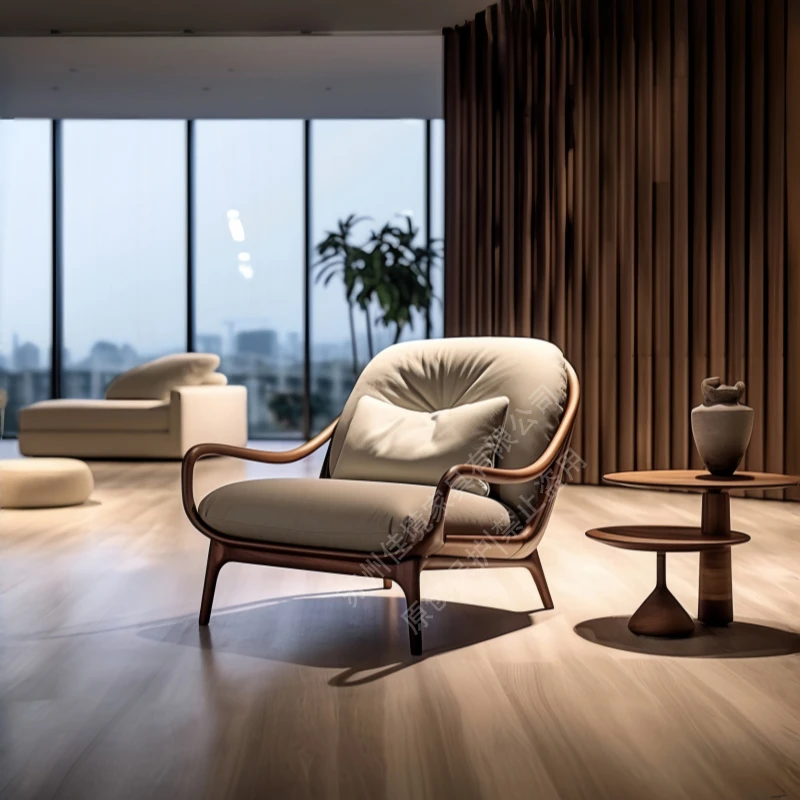 意式极简北美黑胡桃木真皮沙发椅现代简约客厅家用舒适单人沙发