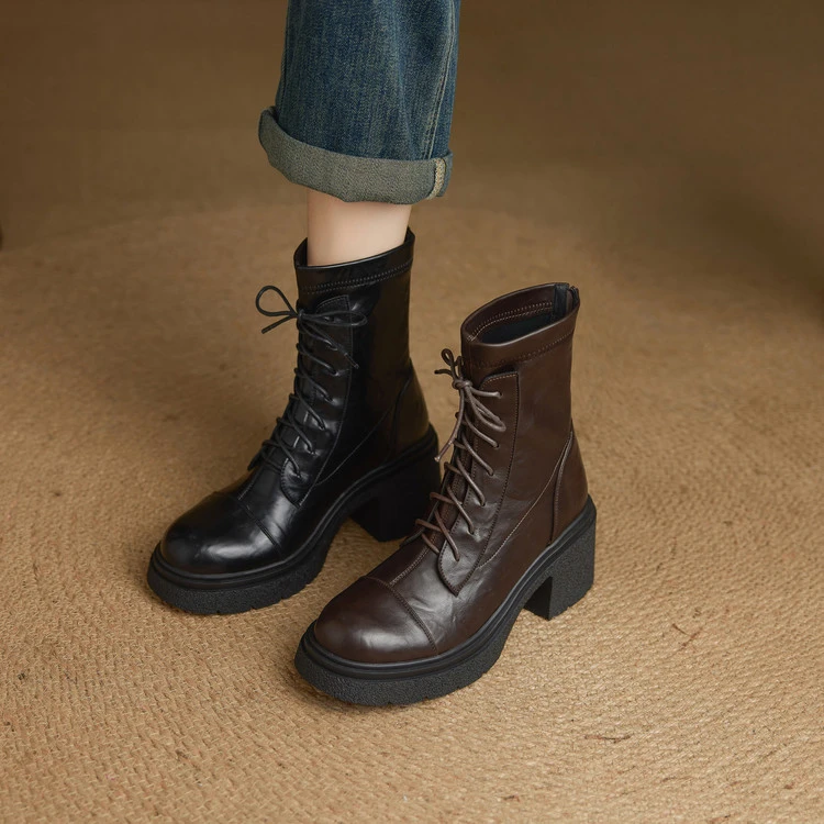 7cm 英伦风百搭粗跟马丁靴秋冬通勤简约风舒适软底时尚高跟瘦瘦靴