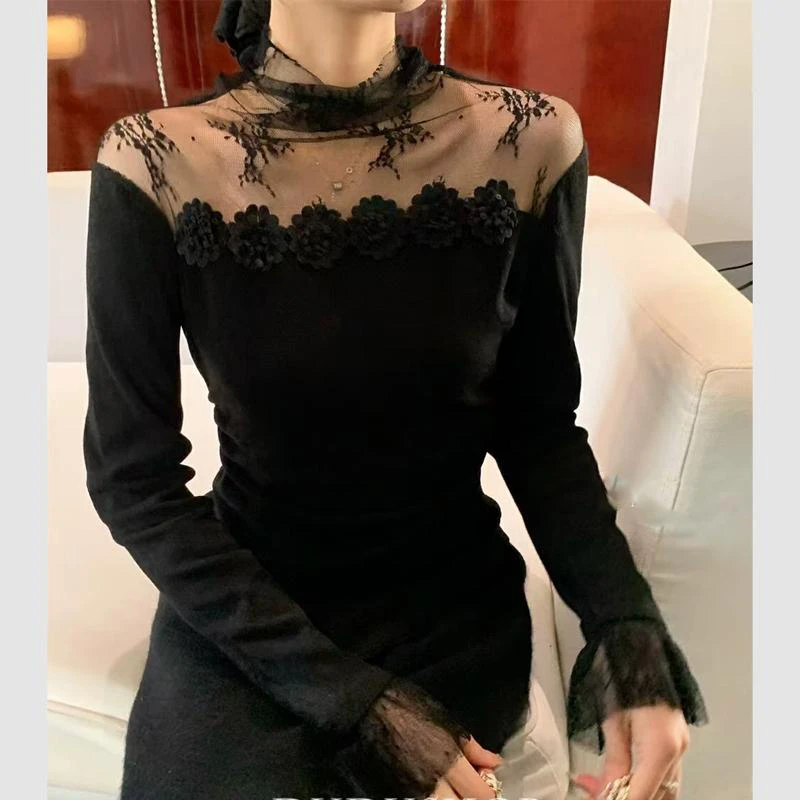 冬季新款长袖蕾丝打底衫修身显瘦洋气内搭堆堆领上衣女