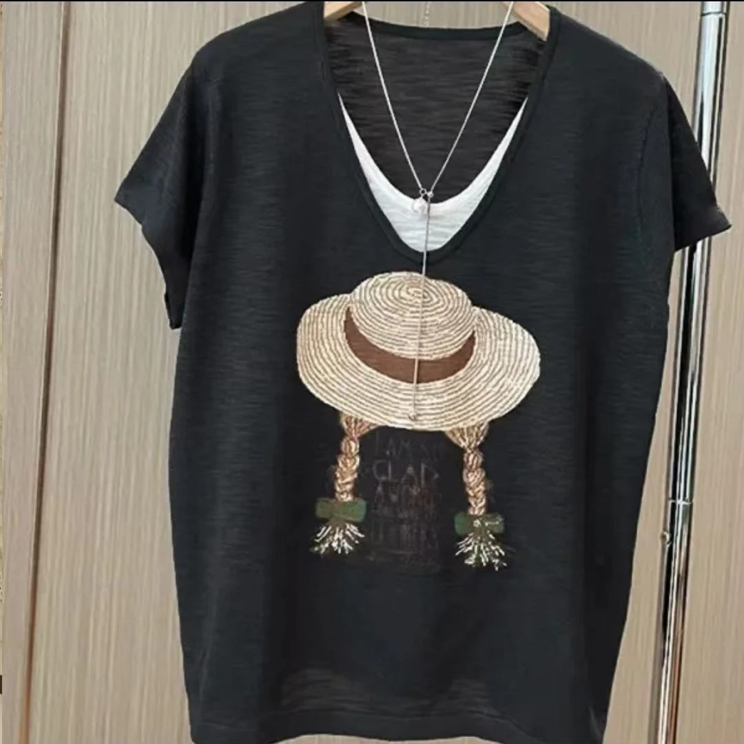 夏季薄款透气拼接假两件短袖T恤女洋气小衫新款高级时尚减龄上衣