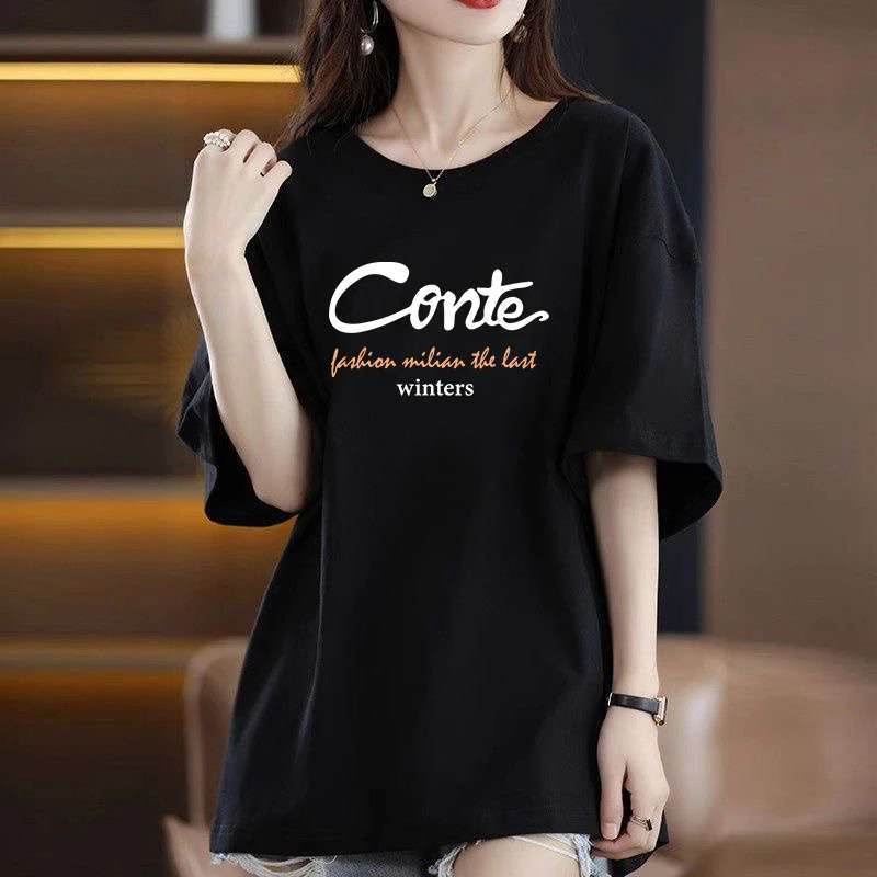 新款纯棉黑色短袖t恤女韩版宽松大码中长款时尚休闲百搭上衣夏季