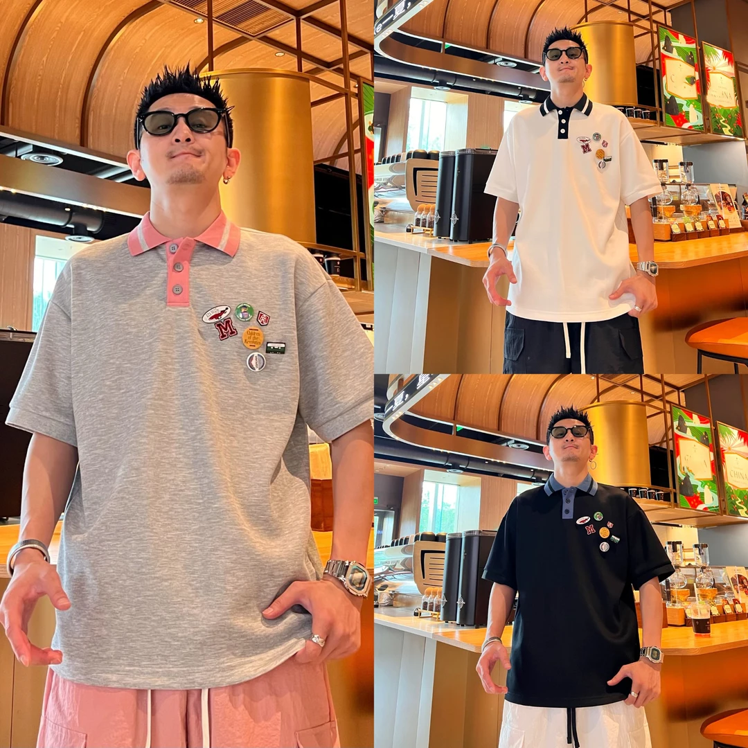 夏季潮流时尚简约百搭宽松个性休闲翻领设计透气男款短袖