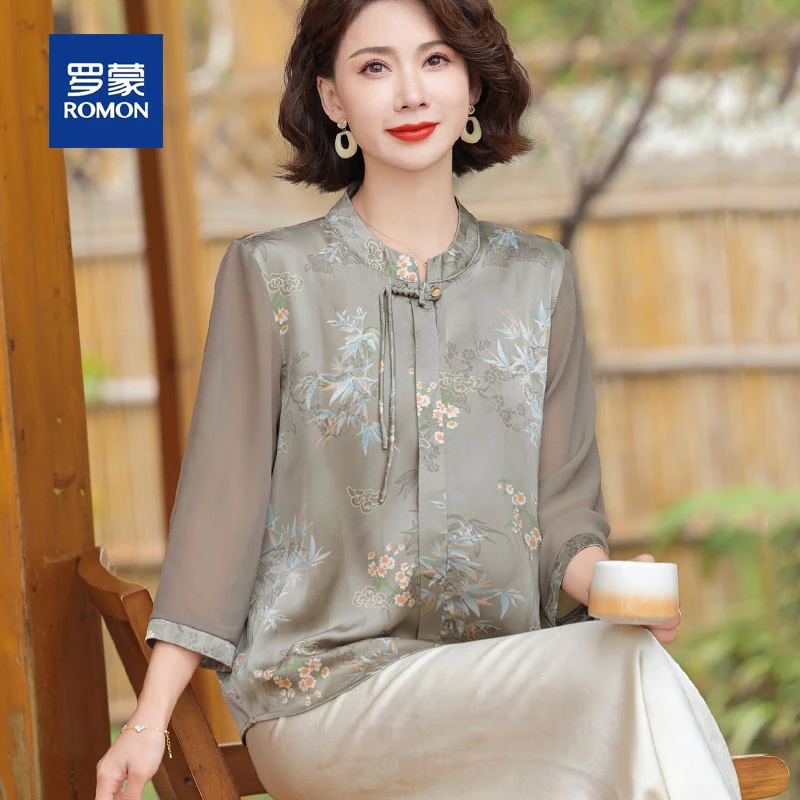 罗蒙新中式妈妈夏装七分袖上衣中老年夏季套装女贵夫人新款雪纺衫