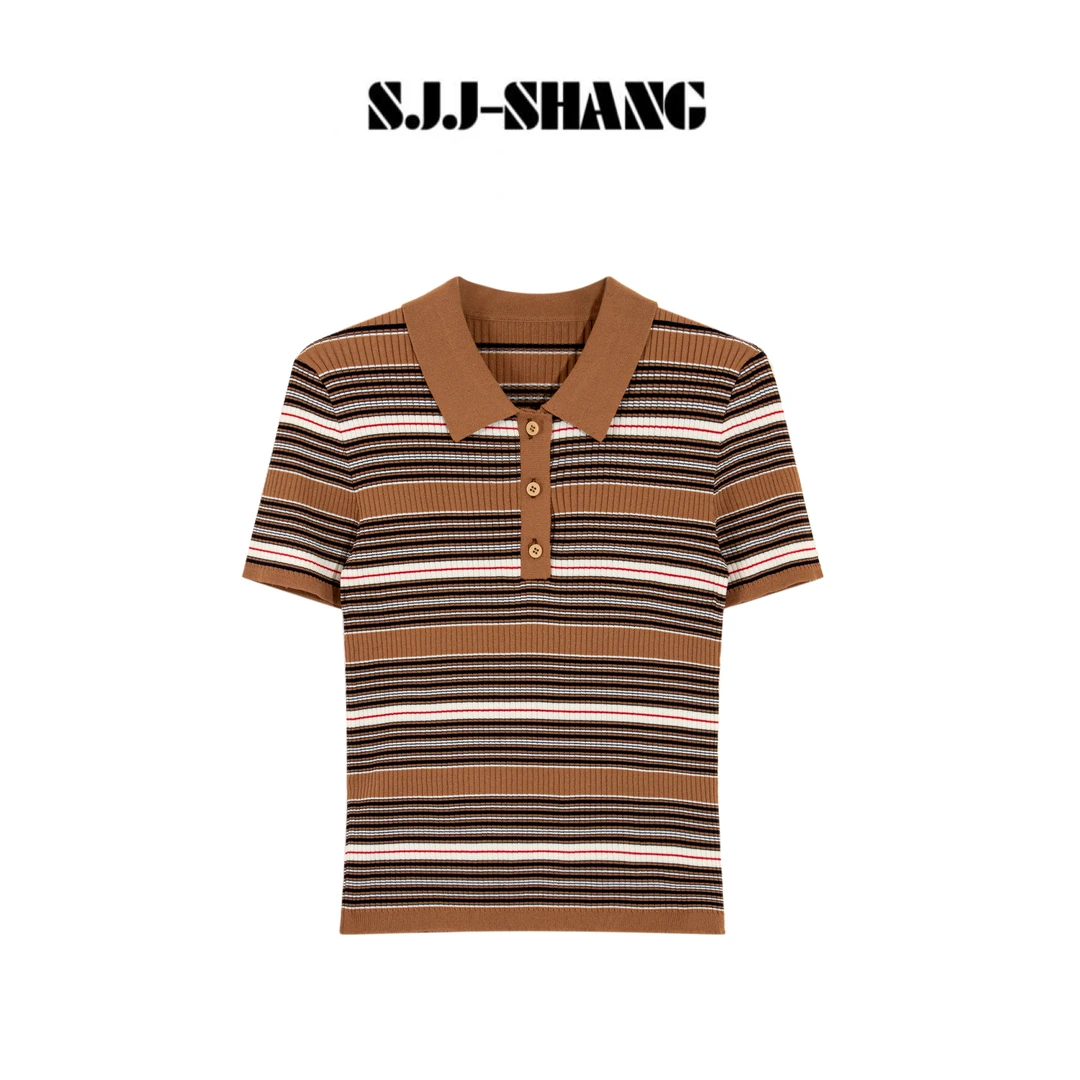 SHANG-JJ【撞色条纹】25ss新品老钱风气质奢华优雅针织短袖q134642p