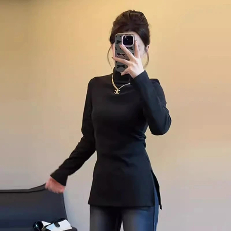 大码内搭半高领打底衫女秋冬胖mm显瘦修身T恤褶皱收腰别致上衣