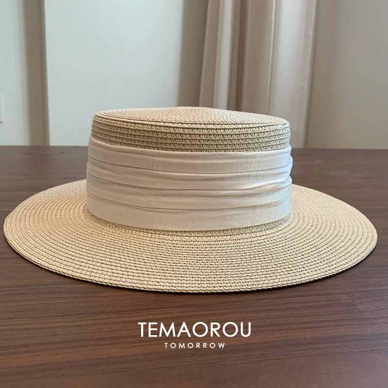 蘑糯糯同款法式气质平顶防晒草帽海边出游度假遮阳礼帽优雅复古