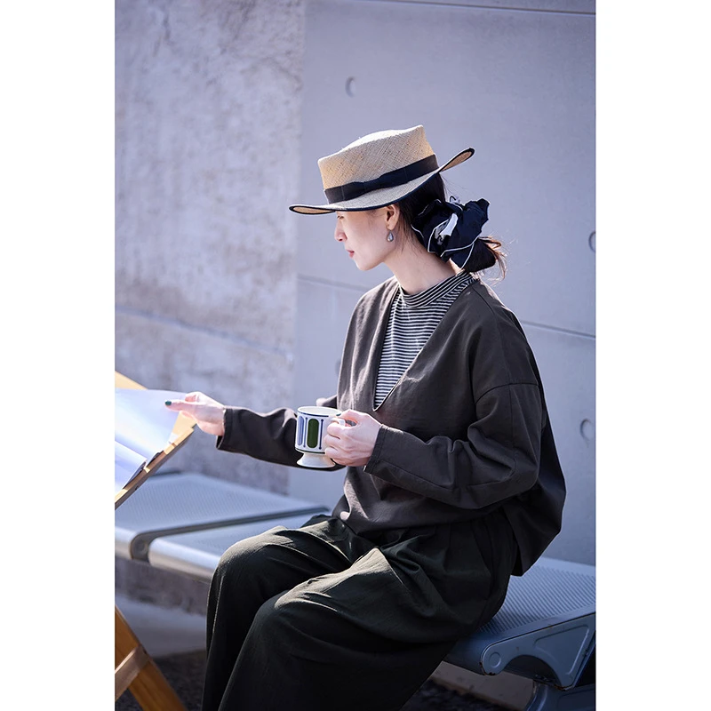 春季新款文艺复古小众云迹灰休闲V领宽松高级感简约针织套头衫