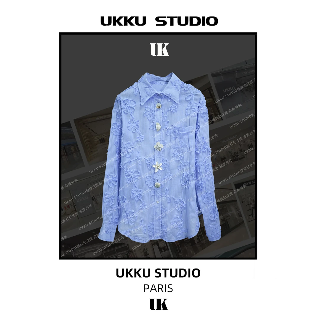 LILI【UKKUSTUDIO】时尚设计蓝色拼接重工提花加厚衬衫513550