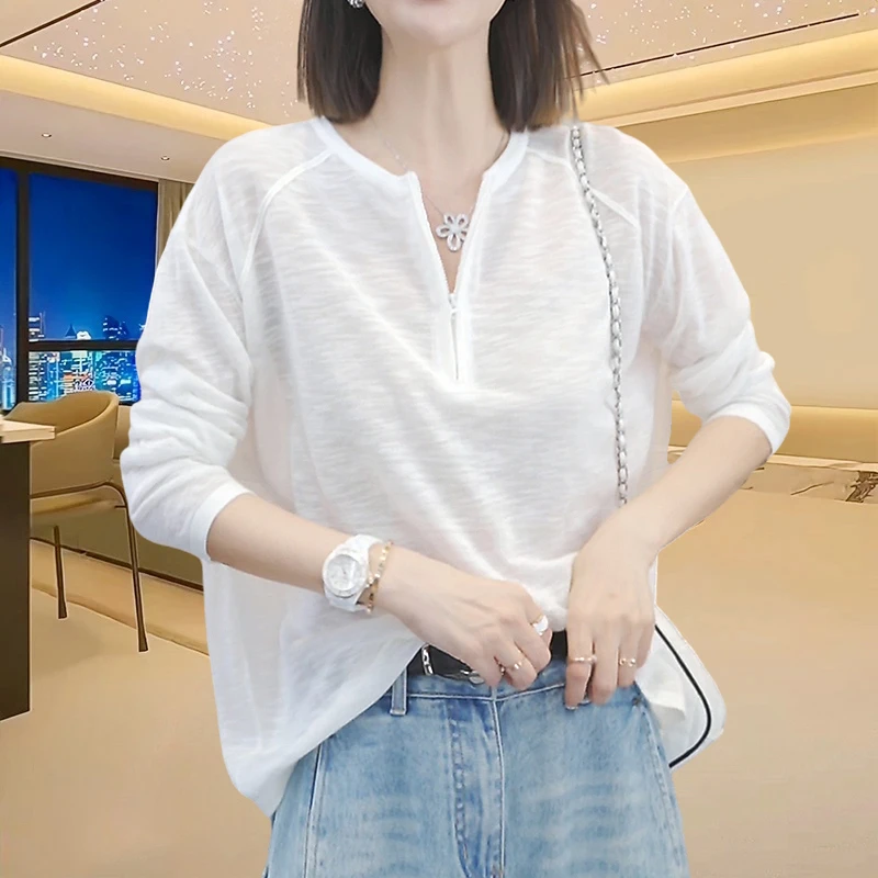 韩系打底衫白色防晒罩衫长袖t恤女2025夏季新款薄款打底百搭上衣