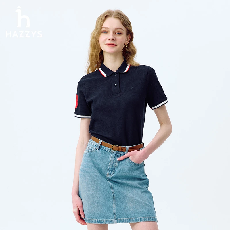 Hazzys哈吉斯女士夏季休闲POLO衫撞色修身时尚短袖T恤
