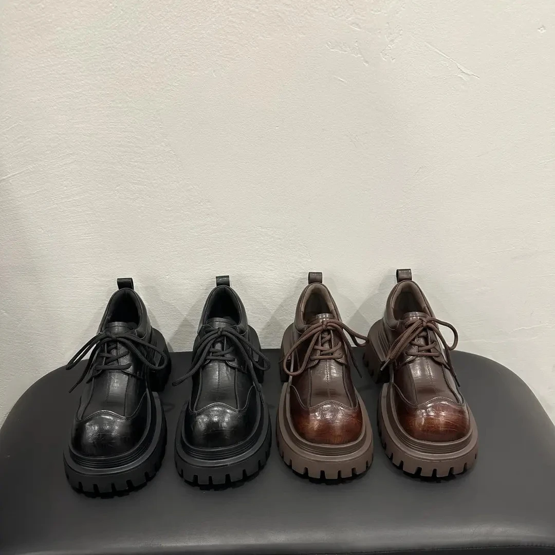 2025秋季新款松糕跟系带粗跟厚款松糕底乐福鞋休闲英伦风复古圆头