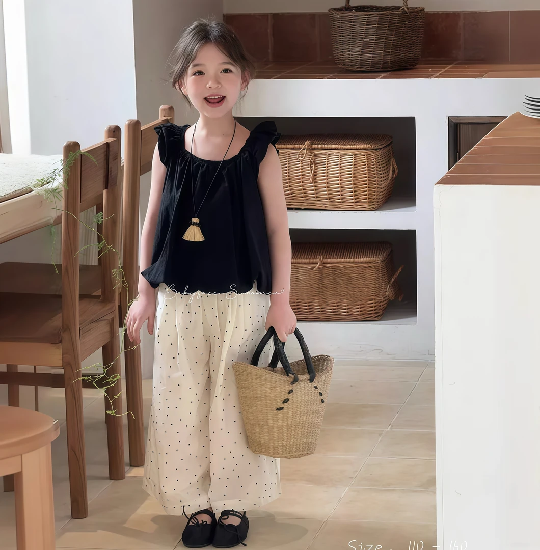 韩版2025夏季女童时髦无袖吊带衬衫上衣女宝宝薄款波点阔腿裤套装