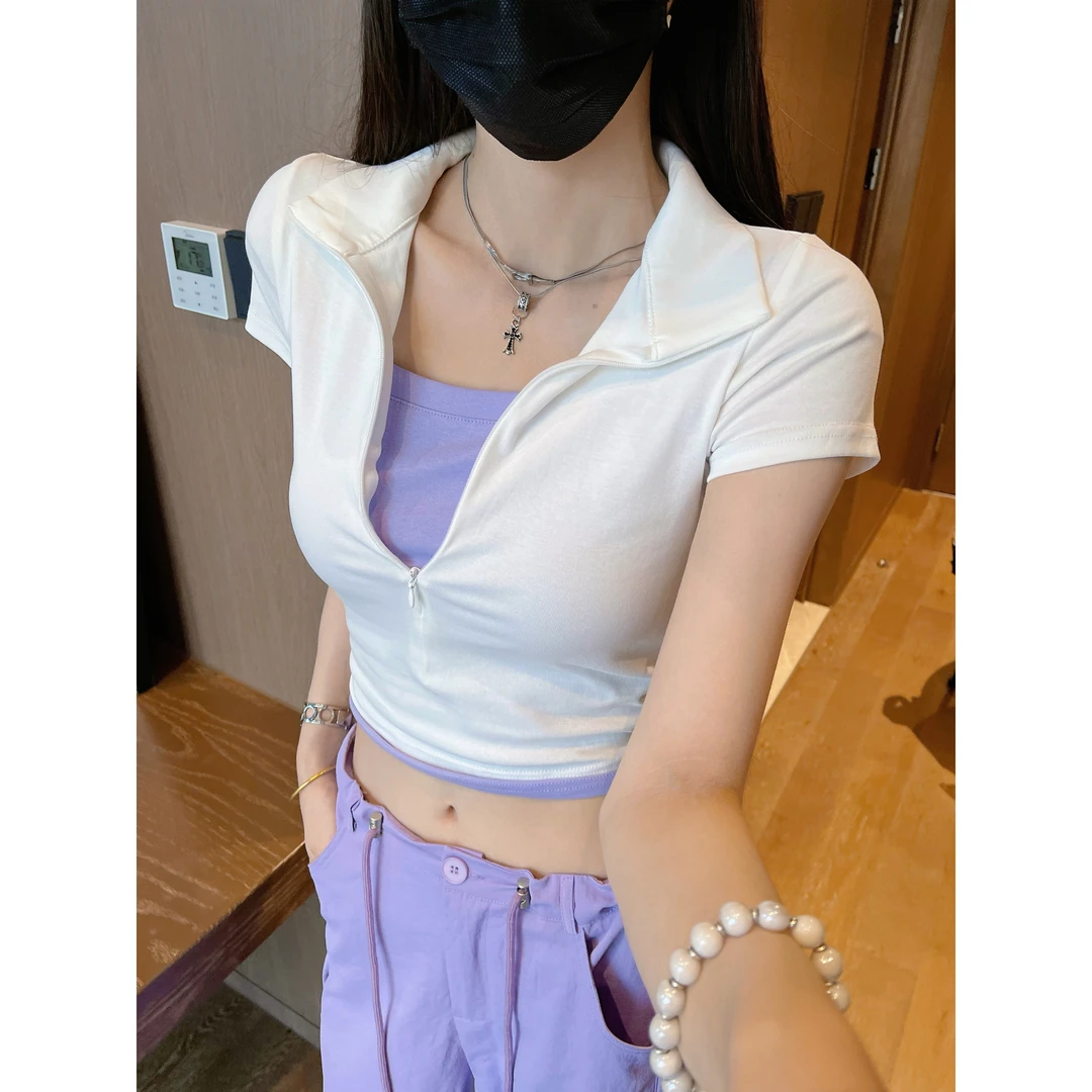 Beaunasloe美式假两件女2025夏季简约时尚修身显瘦正肩短袖T恤