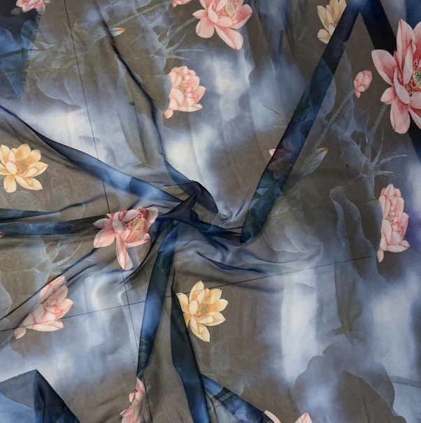 面料透的【30D雪纺蓝白水墨荷花】连衣裙面料布料时尚