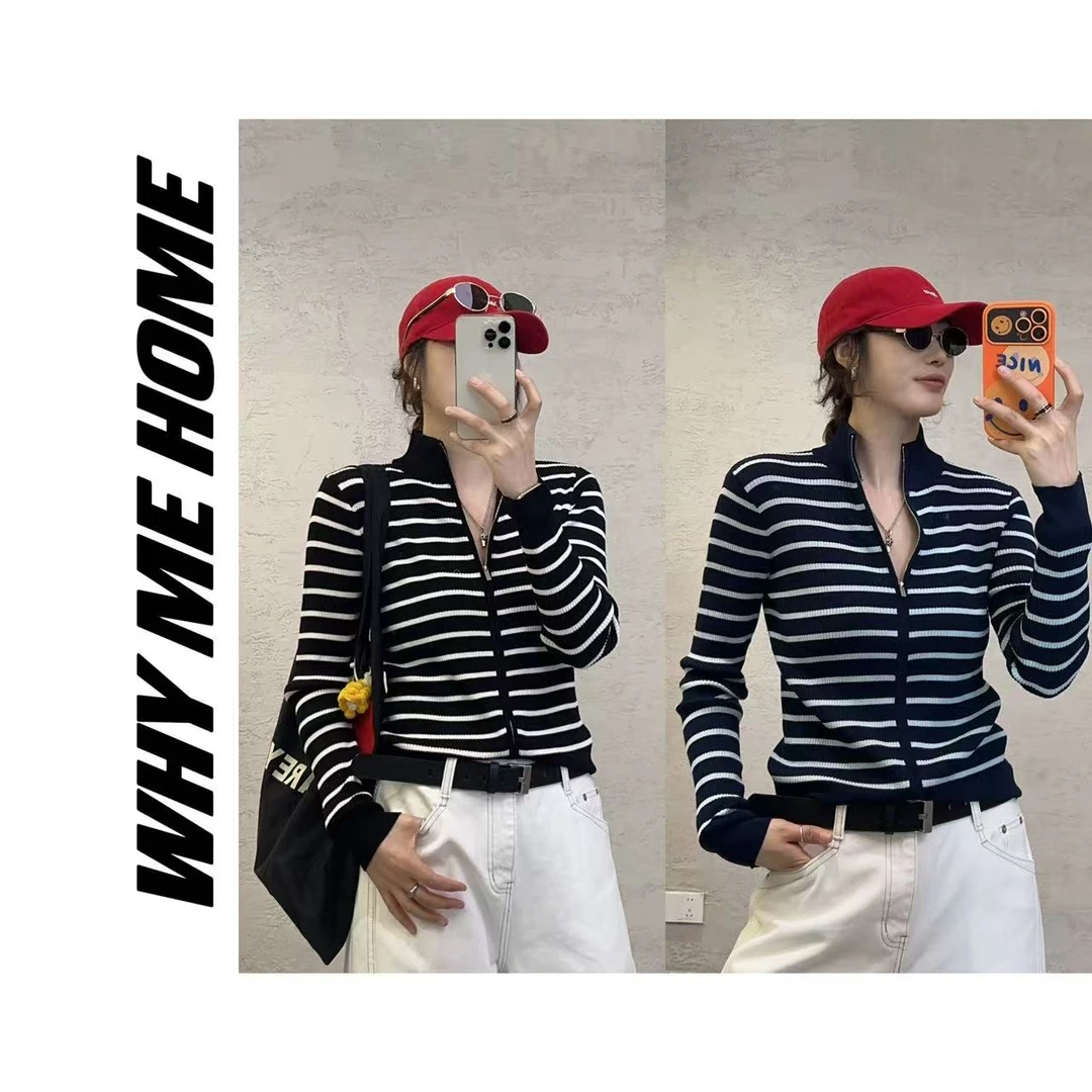 【十月-不费力条纹】经典款显瘦条纹针织双拉链开衫8502