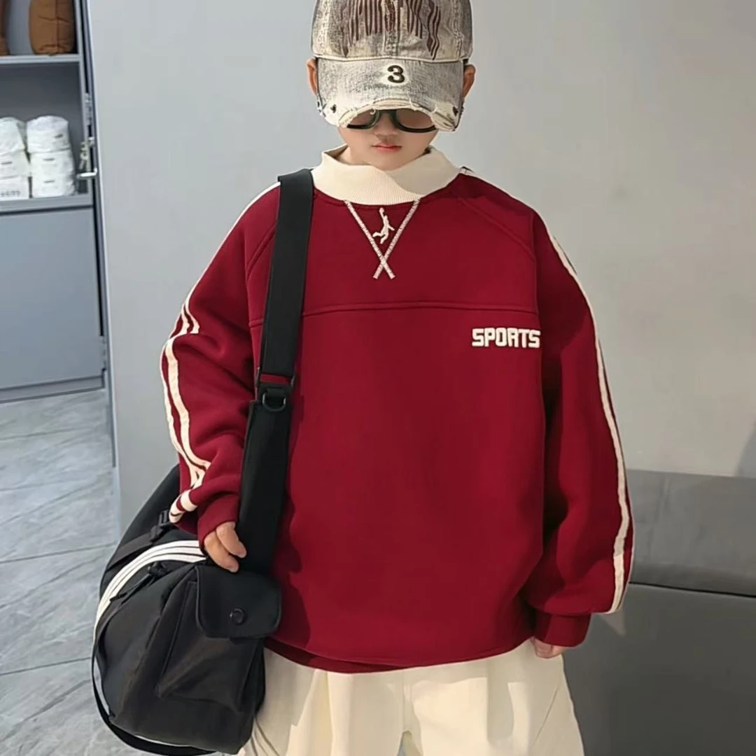 【加绒加厚】儿童羊羔绒秋冬套头卫衣男童童装休闲上衣帅气刺绣款