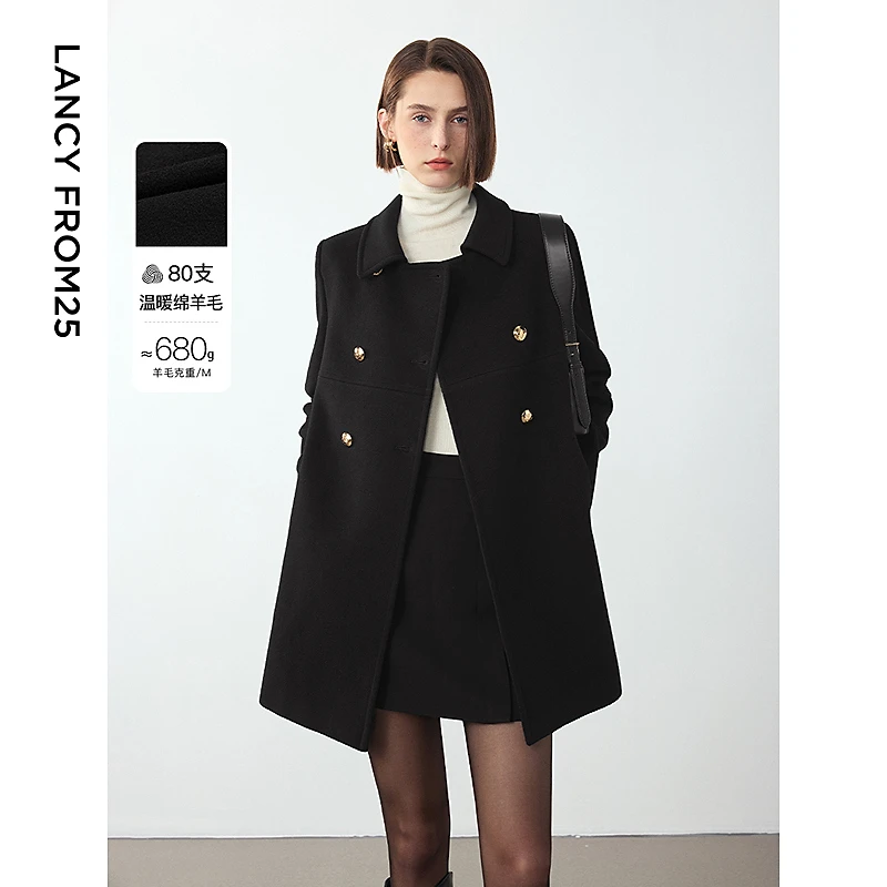 朗姿羊毛复古高级感法式中长款大衣2025冬季新款显瘦黑色毛呢外套